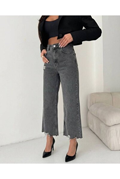 HerTon Γυναικείο παντελόνι τζιν από 100% βαμβάκι σε ανθρακί χρώμα με φαρδιά γ...