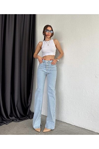 HerTon Pantaloni de damă din denim cu talie înaltă și cusături decorative - c...
