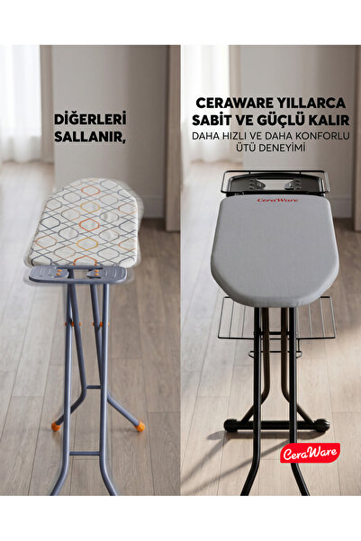 Ceraware Nero Premium Ütü Masası Sallanmaz StabilBase Sistem Kalın Boru Büyük Boy Profesyonel Ütü Deneyimi