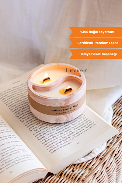 Cinnamon & Vanilla Scented Yin Yang Concrete Soy Candle – Wood Wick, 100% Natural Handmade Decorative Candle