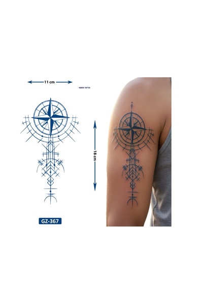 Airbrush Tattoo Çizgisel Pusula 18x11 cm 1 Aylık Yarı Kalıcı Yapıştırma Geçic...