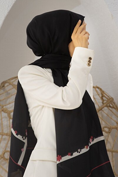 Vissona 100% Silk Floral Patterned Black Color 92X210 Shawl