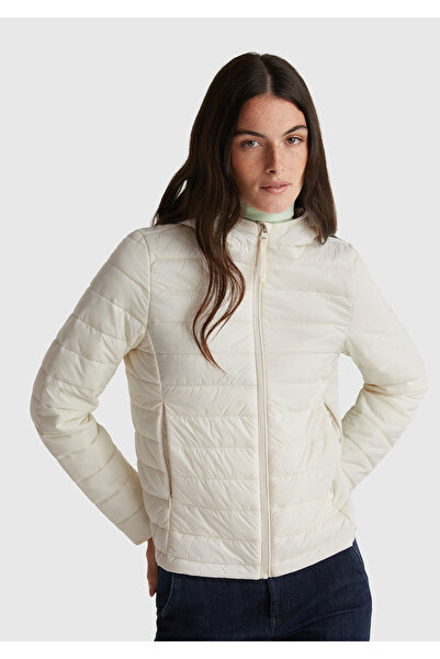 United Colors of Benetton Γυναικείο παλτό με κουκούλα με φερμουάρ με κρέμα πο...