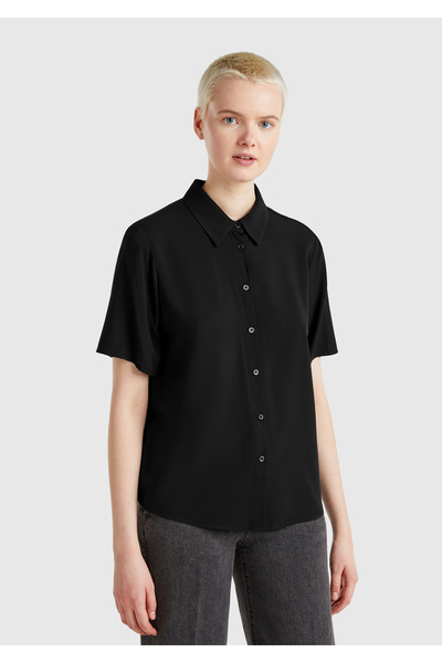 United Colors of Benetton Women's Black 100% Viscose Buttoned Short Sleeve Shirt