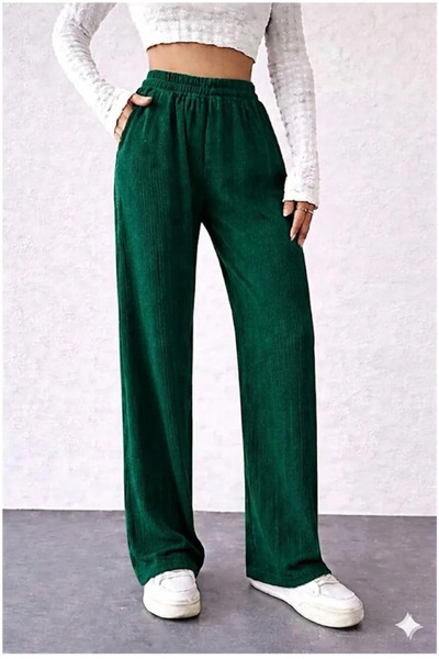 BORCKA TEKSTİL Πράσινο γυναικείο παντελόνι με λάστιχο στη μέση, λεπτομερή πλα...