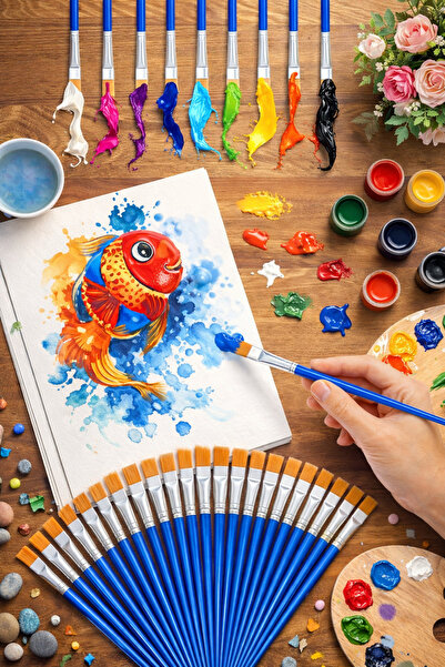 Artshop 15 Adet Düz Uçlu Standart Boyama Fırçası Akrilik, Yağlı. Sulu, Guaj, Parmak Boyası