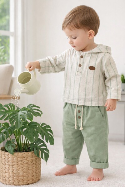 Babyhola Erkek Bebek Bayramlık Takım Müslin Kumaş Kapüşonlu Üst ve Pantolon S...