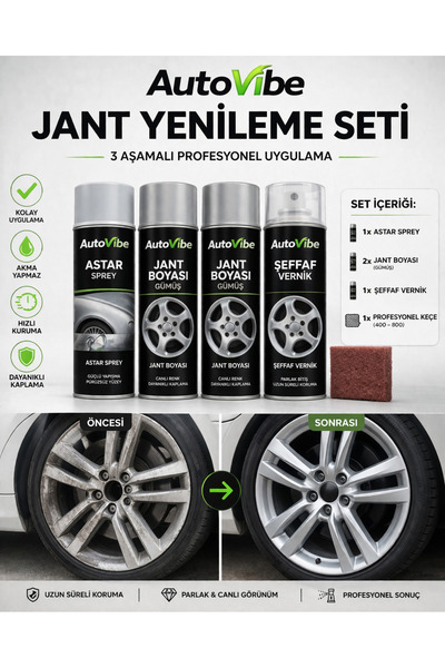 AutoVibe Özel Üretim Gümüş Jant Yenileme Seti 3Aşamalı(Astar+2JantBoyası+Vern...