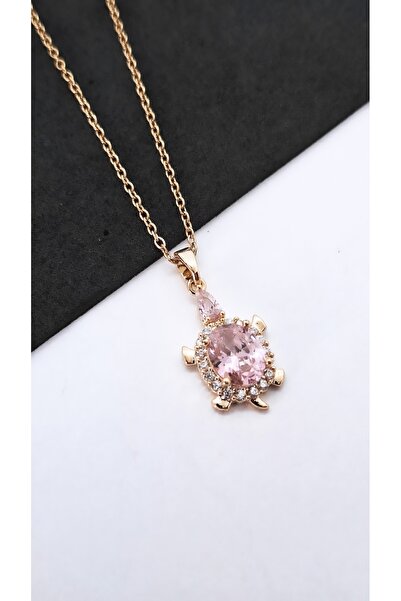 Serenity Pink White Zircon Stone Turtle Steel Necklace