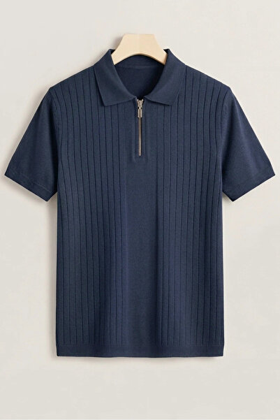 Edwox Tricou pentru bărbați Line cu model cu guler polo, tricotat, albastru m...