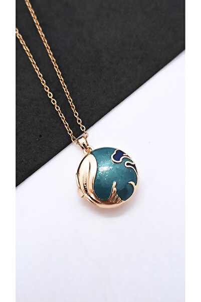 Serenity Blue World Figured Covered Picture Steel Necklace