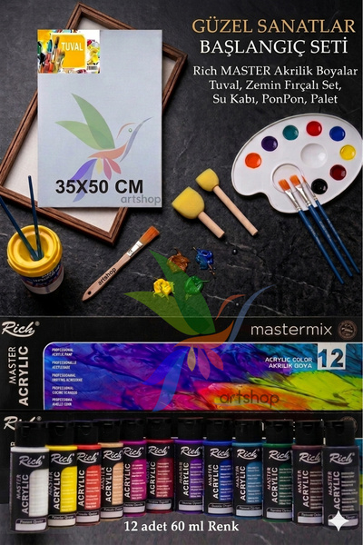 Artshop Rich 12x60 ml Akrilik Boya, 35X50 cm Tuval, Zemin Fırçalı, Palet, Pon...