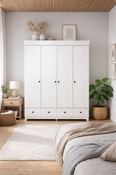 Koza %100 MDF Stella Beyaz 4 Kapılı Bebek&Çocuk Odası Gardrop