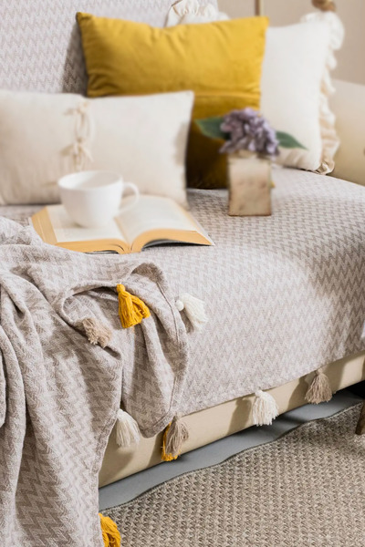 Lux Touch Κάλυμμα καναπέ Magnolia με μπεζ φούντες 170x205 cm - Premium, υφή, ...