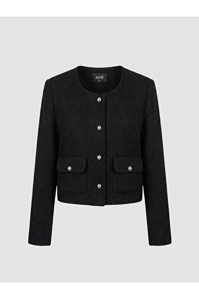 Juste Textured Crew Neck Button Detailed Jacket Black