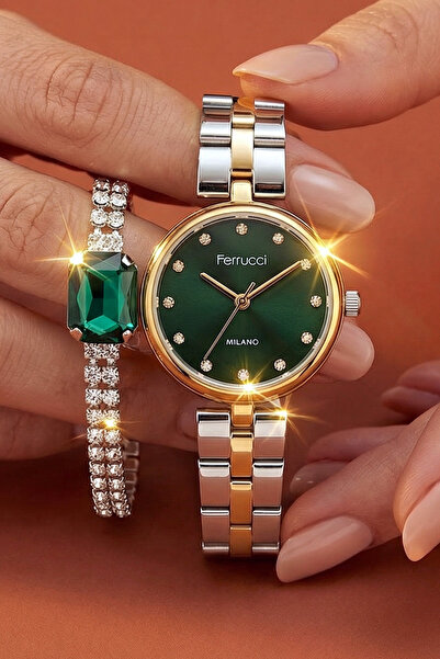 Ferrucci Bileklik Hediyeli Altın/Metalik Kadın Kol Saati 32 mm Taşlı Yeşil Ka...