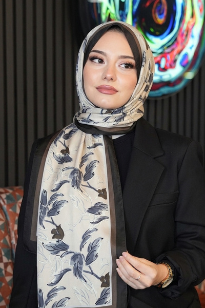 AFVENTE Μαλακό βαμβακερό σάλι με μοτίβο λουλουδιών σε μπρονζέ καφέ