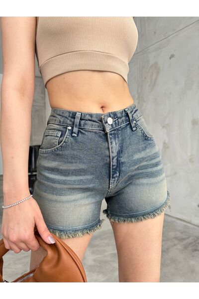 BİKELİFE Ψηλόμεσο τζιν σορτς με φούντα - Snow Wash Pale Effect, πέντε τσέπες