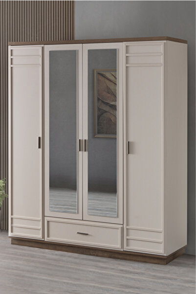 Setay Gardırop, Elora 4 Kapaklı Çekmeceli, Aynalı Dolap