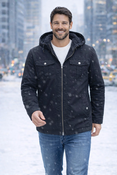 DYNAMO Men's Black Large Size Hooded Fur Lined Waterproof Coat