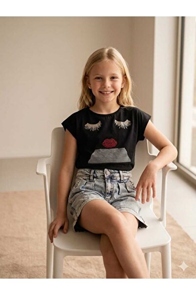 Hilal Akıncı Kids Κοριτσίστικο Διχτυωτό Μπλούζα με λεπτομέρεια Mom Τζιν Σορτς...