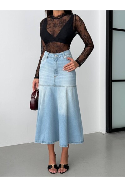 HerTon Τζιν Φούστα Μίντι – Φαρδιά Γραμμή, Ψηλόμεση