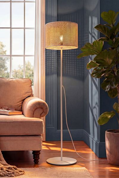 Marrien June Hasır Görünümlü Bohem Lambader - Krem Metal Ayak Rattan Stil 145 cm