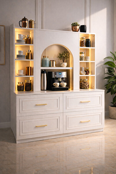 Setay LED Aydınlatmalı Kahve Köşesi – Marsilya Açık Vitrinli Çok Amaçlı Mutfa...
