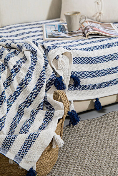 Lux Touch Κάλυμμα καναπέ Liva Navy Blue με Pompom - 115 x 200 cm Καναπές Πανί...