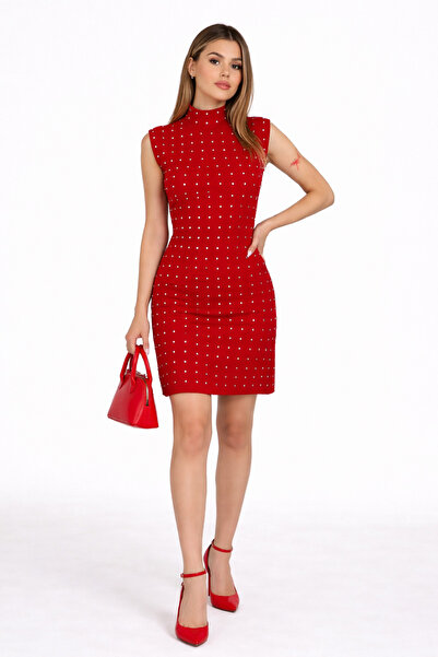 İLKCET MODA Κόκκινο Γυναικείο Οθωμανικό Μίνι Φόρεμα με Πέτρες