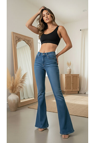 comfort jeans Μεσαίο μπλε ελαστικό τζιν παντελόνι με ψηλή μέση και φαρδιά μπα...