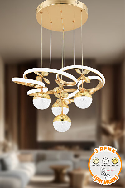 Lumenia Alya Gold Modern Sarkıt Avize 3 Renk Işık Salon Mutfak Yatak Odası