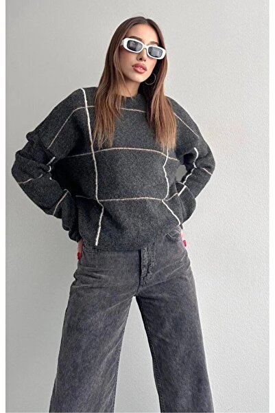 Coşkun GİYİM Women's Plaid Elite Sweater Anthracite 2613