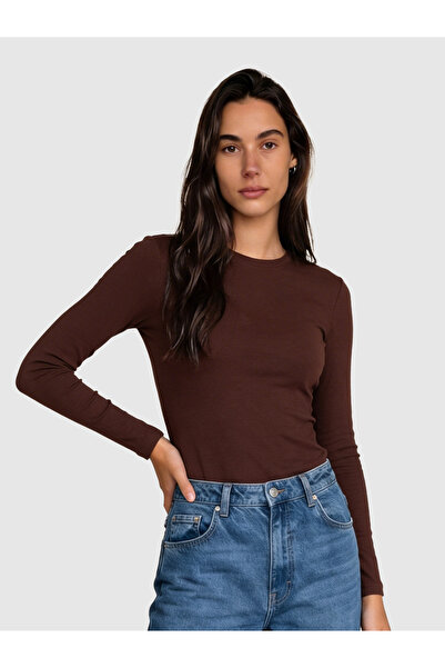 Women's Round Neck Long Sleeve Basic Cotton Blouse Brown