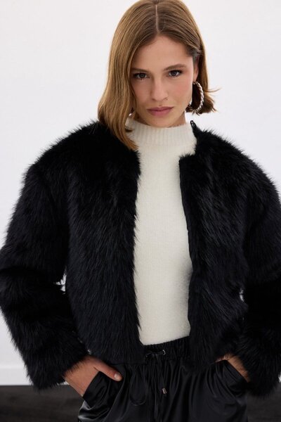 Coşkun GİYİM Γυναικείο Γούνινο Παλτό Λολίτα ΜΑΥΡΟ 24236