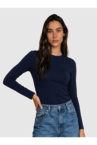 COMMON MELON Women's Round Neck Long Sleeve Basic Cotton Blouse Navy Blue
