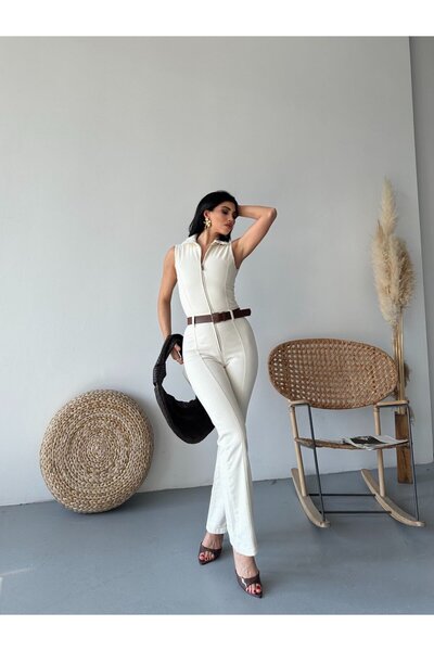 Coşkun GİYİM Women's Sleeveless Zippered Denim Jumpsuit with Cups Naturel 3013-80