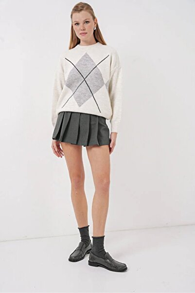 Coşkun GİYİM Γυναικείο πουλόβερ με καρό σχέδιο EKRU 10324