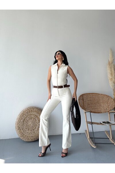 Coşkun GİYİM Women's Sleeveless Zippered Denim Jumpsuit with Cups Naturel 3013-80
