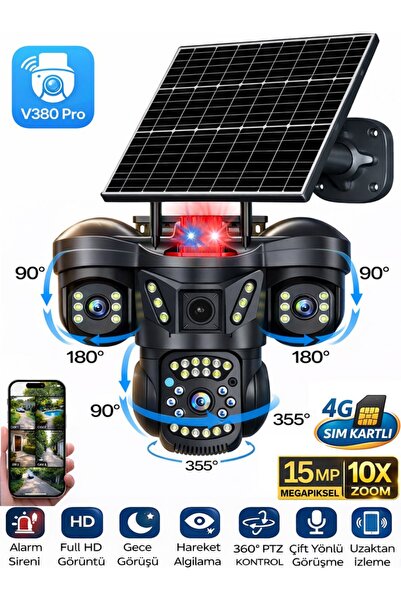 SONREİR SNR 4G 3 Lensli SIM Kartlı 360° PTZ Solar Güvenlik Kamerası Güneş Pan...