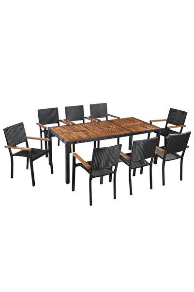Concept Set mobilier de exterior, 9 piese negru, poliratan, lemn acacia