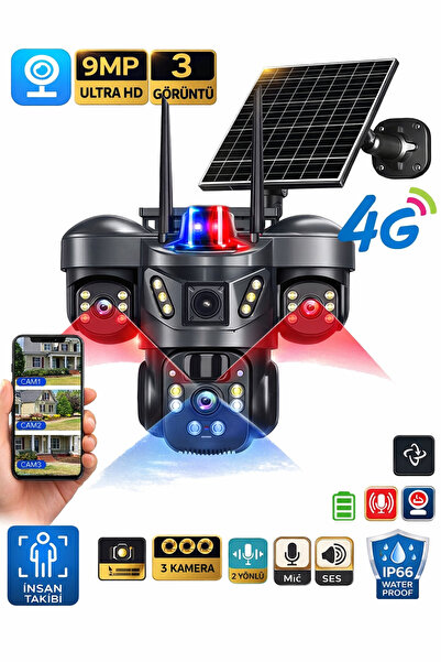 VİVATECH 9MP 3 Kameralı 4G Solar Güvenlik Kamerası Ultra HD İnsan Takibi Sire...