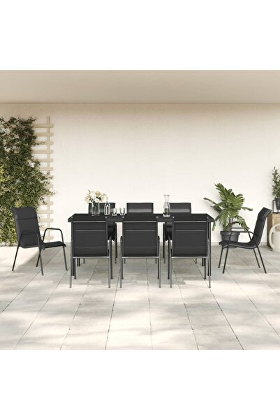 Concept Set mobilier de grădină, 9 piese, negru, oțel și textilenă