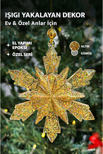 El Yapımı Holografik Reçine Kar Tanesi Yılbaşı Çam Ağacı Süsü, Yılbaşı Hediyelik Altın (Tekli)