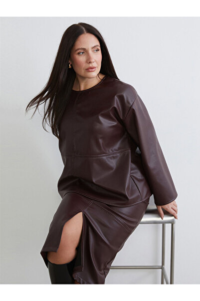 LC Waikiki Plus Size Crew Neck Leather-Look Blouse