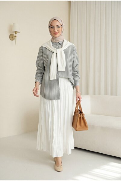 Modamorfo Πλεκτό Φουλάρι Λεπτομερές ριγέ λινό πουκάμισο -χακί