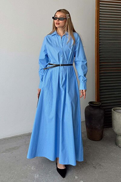 Olcay Φαρδύ φόρεμα ποπλίνα με λεπτομέρεια στο πλάι με κουμπιά A.ΜΠΛΕ-ΛΕΥΚΟ 93...