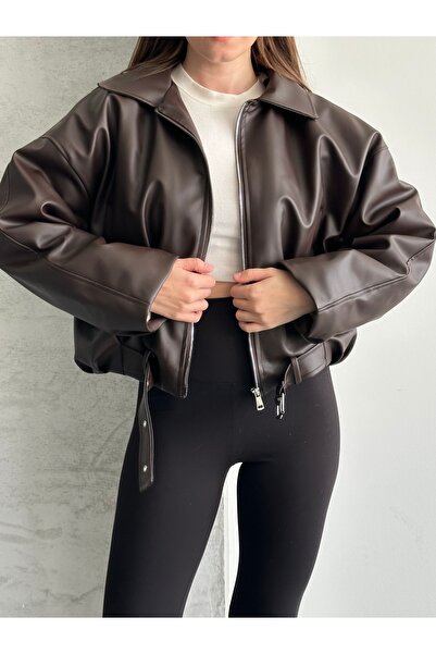 VESS MODA Δερμάτινο μπουφάν oversize με λεπτομέρεια στη ζώνη και επένδυση εσω...