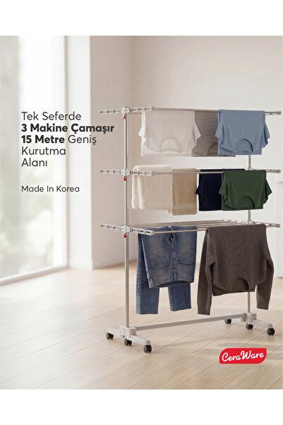 Ceraware Home Lite Premium 3 Katlı Çamaşırlık Made in Korea Tekerlekli Çamaşır Kurutmalık Eco Gri