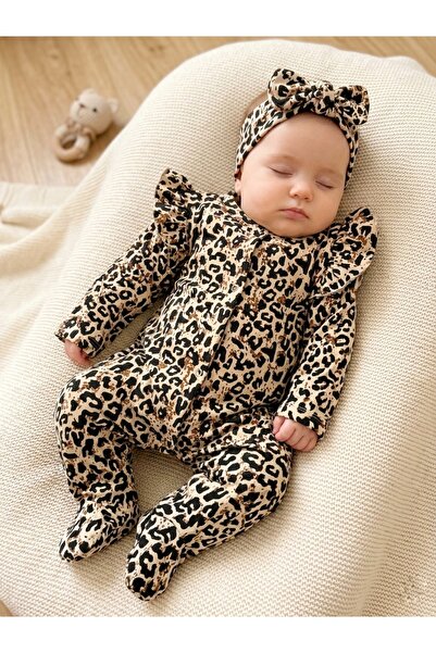 100% COTTON 3-6-9 MONTH BANDANA SHOULDER RUFFLED LEOPARD PRINT JUMPSUIT SET OF 2 BABY & CHILD SET